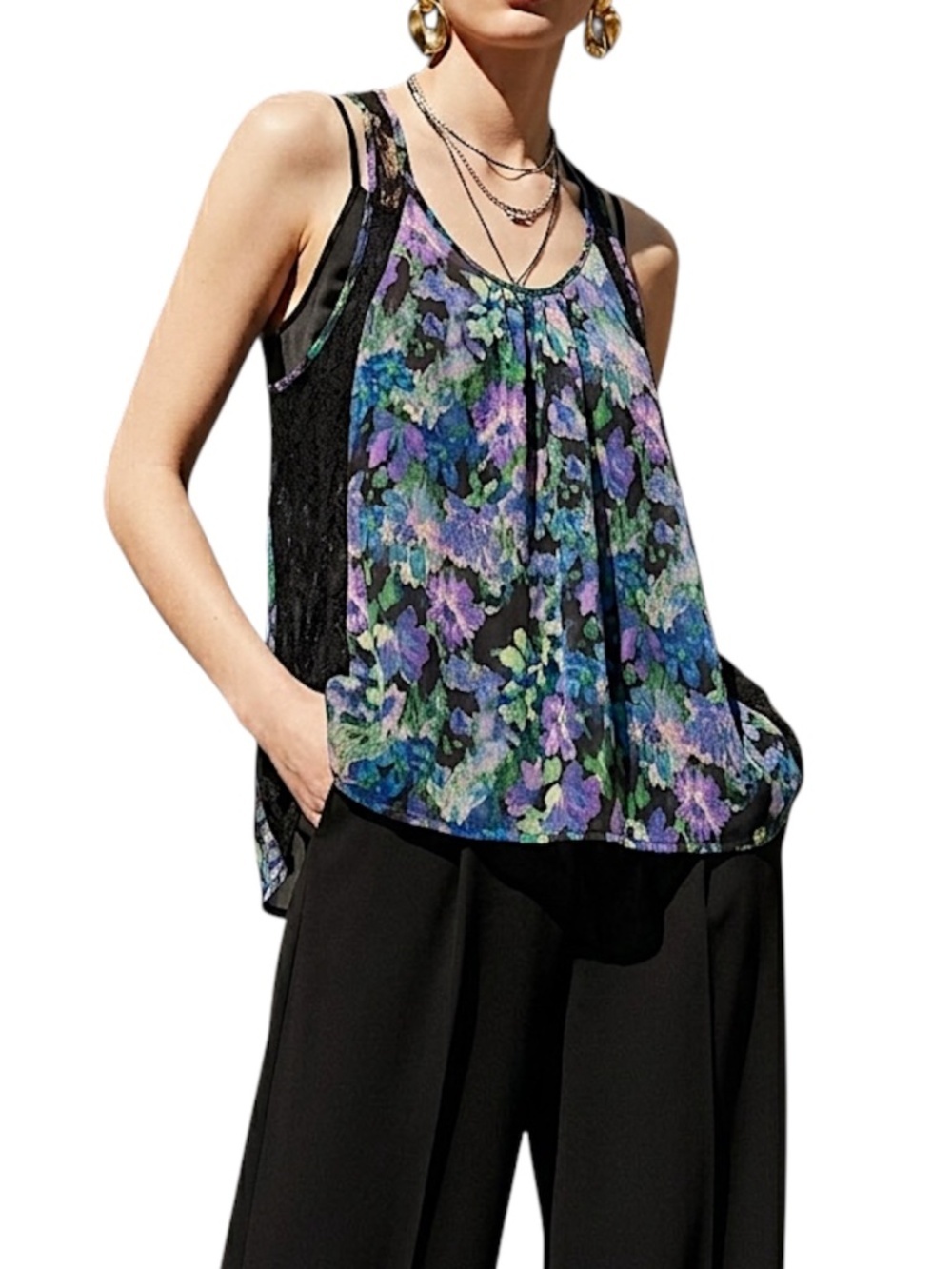 Y2K sheer purple blue floral chiffon black lace racer back flowy tank top S
